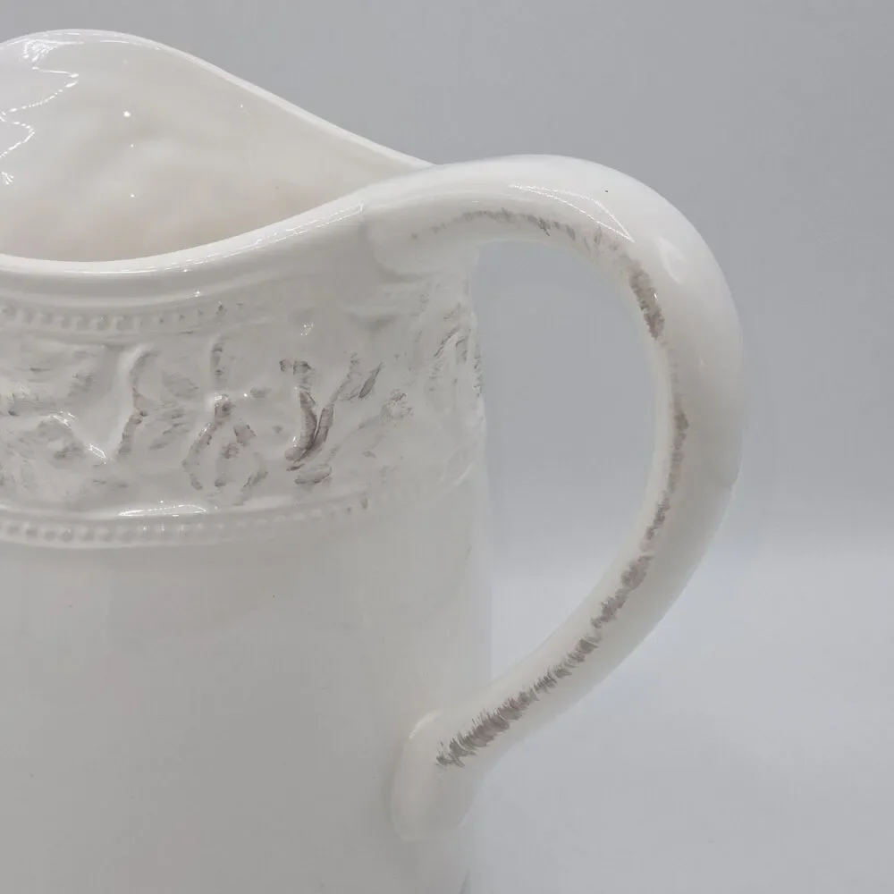 Pfaltzgraff Country Cupboard 7in Vintage Pitcher Vase Ivory Embossed Floral Band
